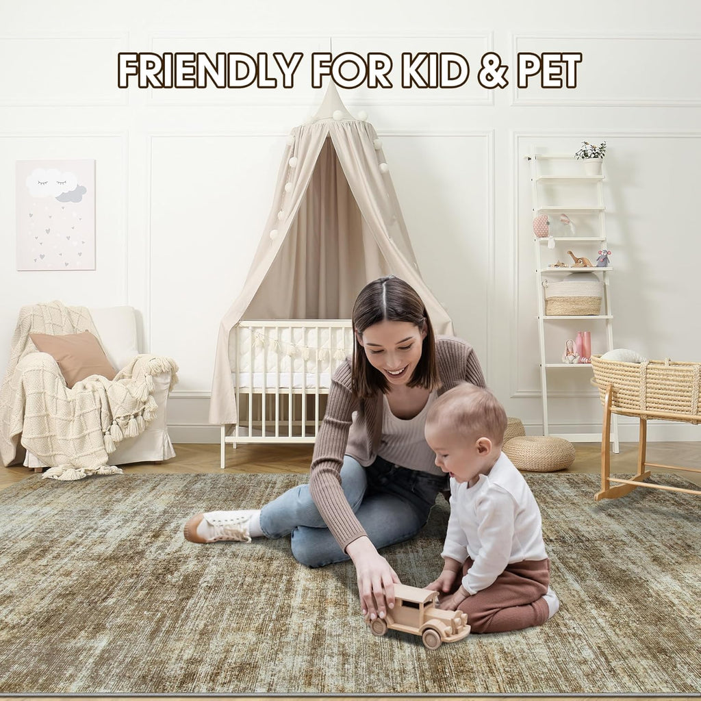 5x7 Washable Area Rug Abstract Non-Slip Thin Carpet Brown