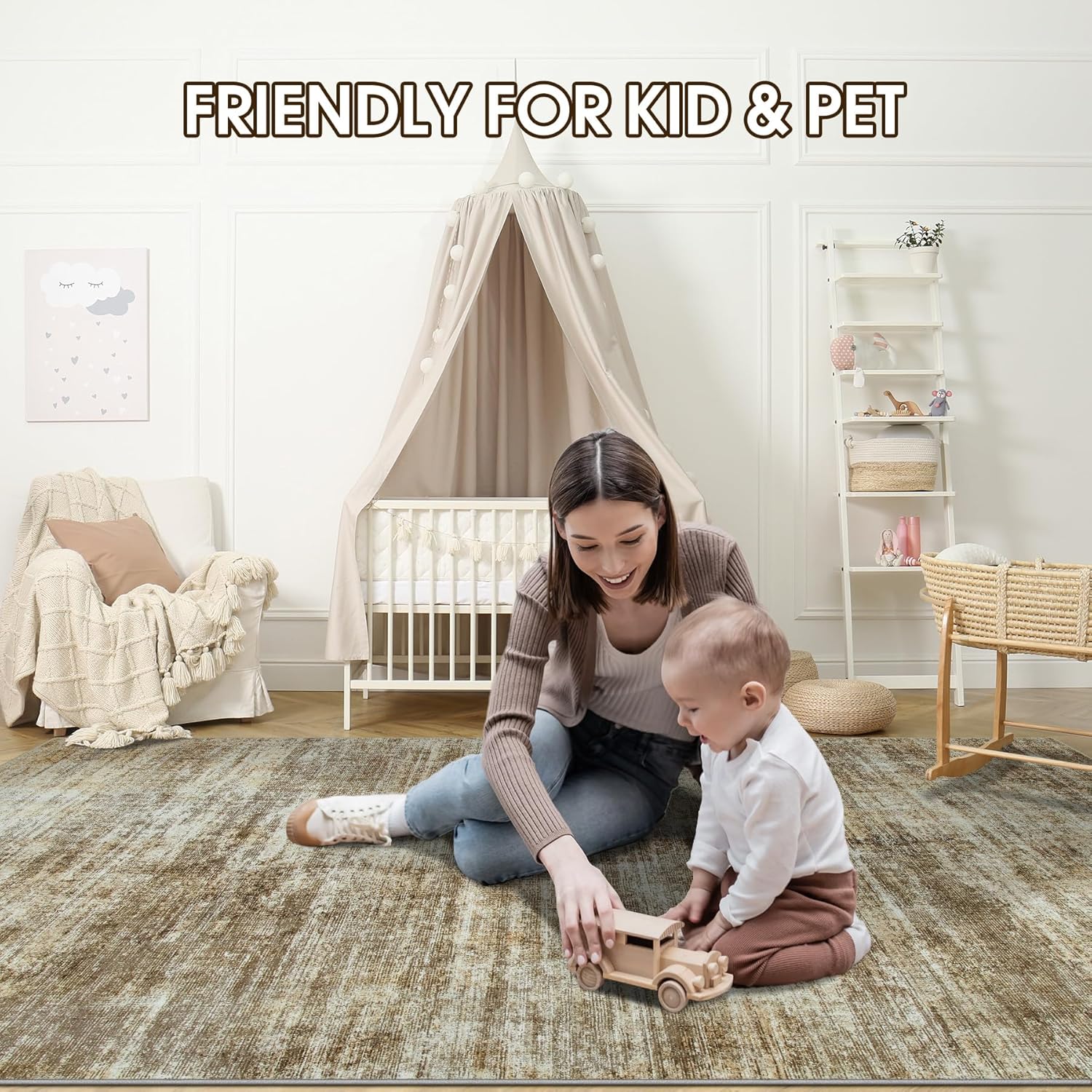 5x7 Washable Area Rug Abstract Non-Slip Thin Carpet Brown