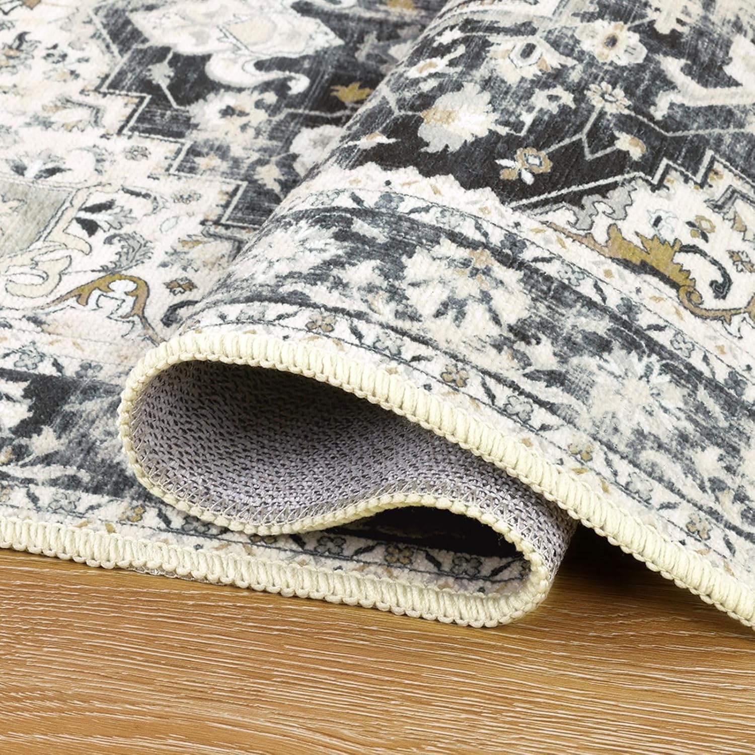 5x7 Washable Area Rug Vintage Non-Slip Low Pile Beige