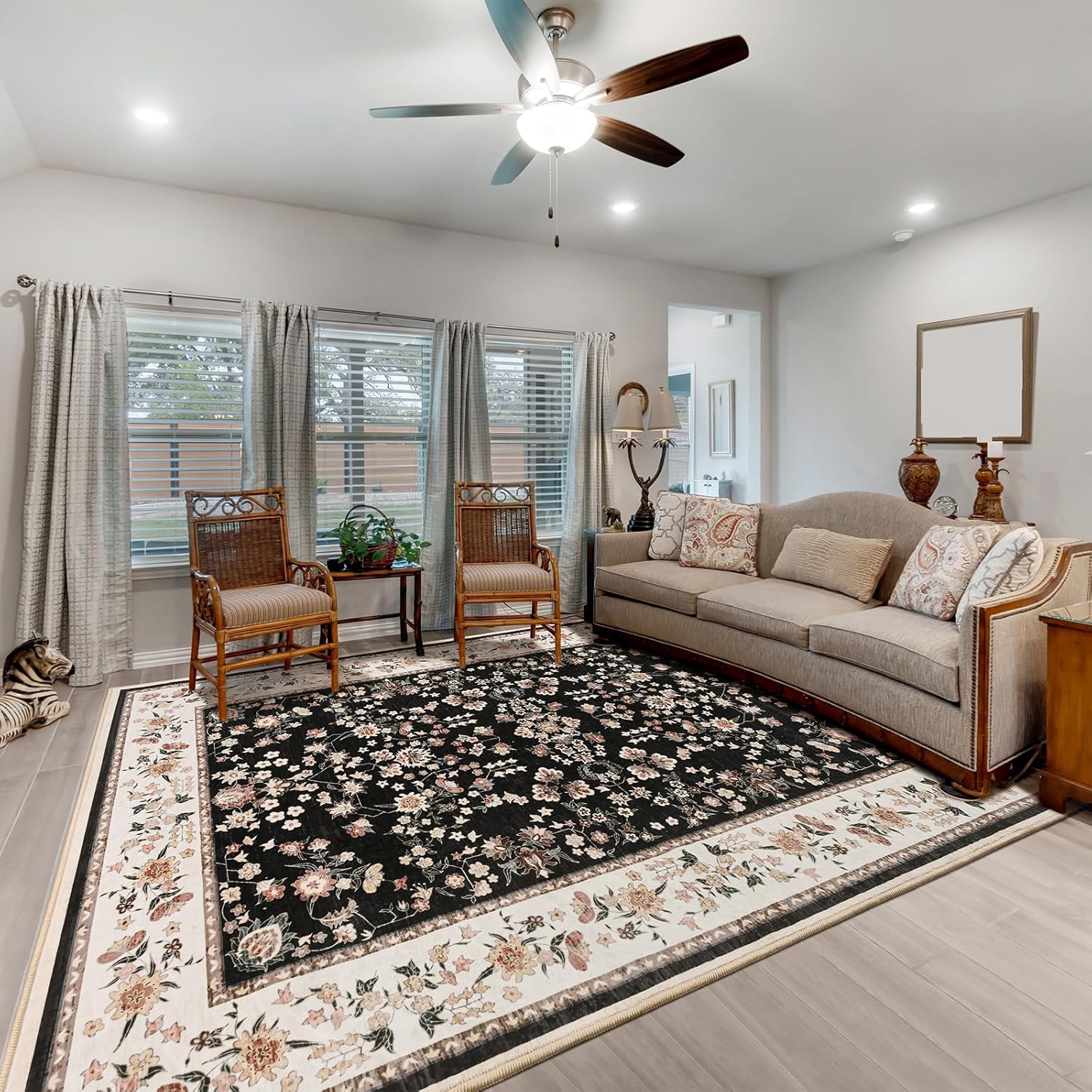 Washable 6x9 Area Rug – Vintage Floral Black & Pink Carpet for Living Room, Bedroom, Dining Room & Kitchen | Soft Low Pile Non-Slip Large Rug for Kids Room