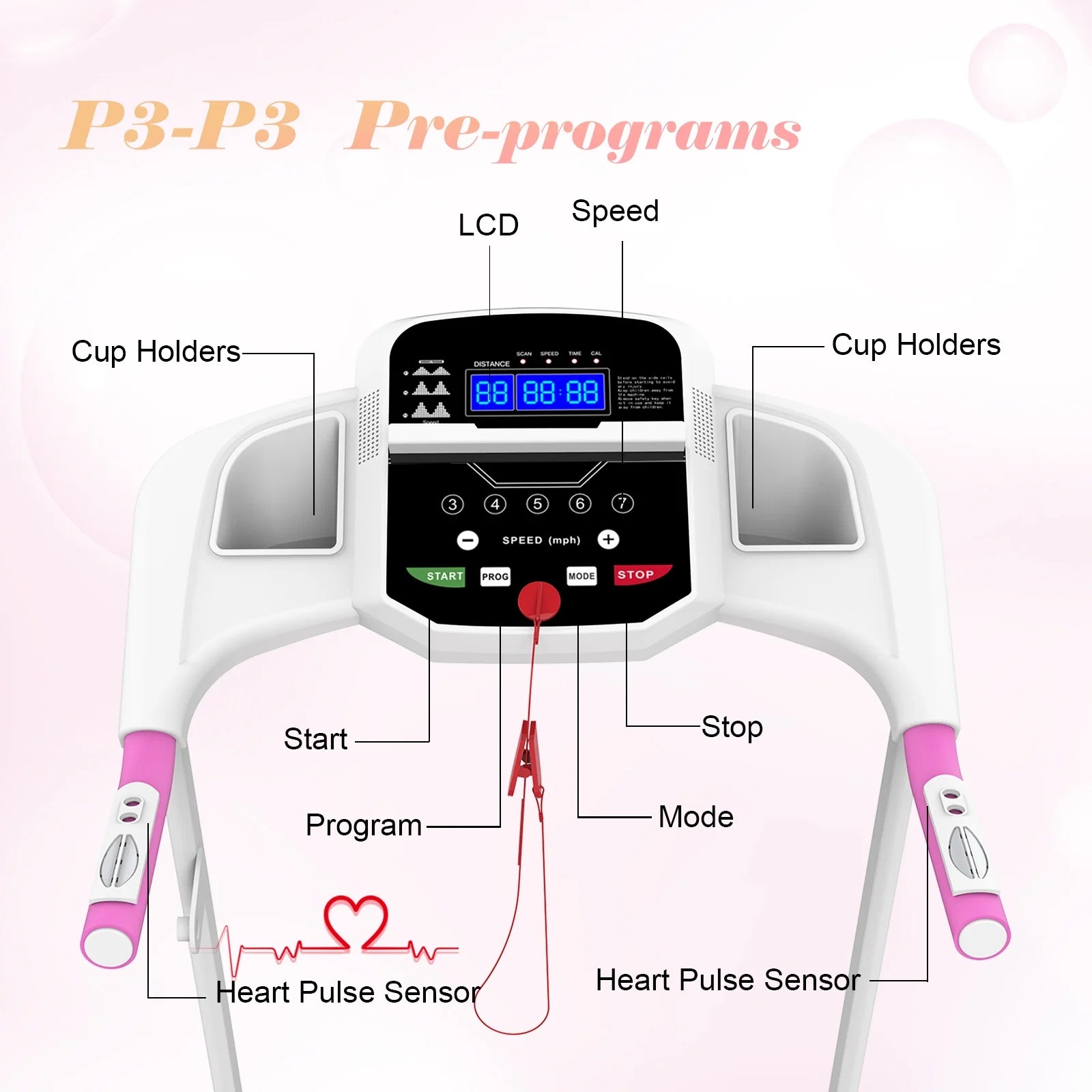 Foldable Treadmills for Home, 2.5HP Quiet Brushless, Electric Running Machine for Home Office, Walking Running Treadmills Exercise Treadmill with Heart Rate Sensor and LCD Display ﻿ (Pink)