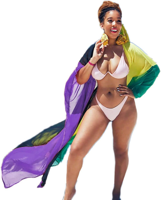 plus Size Women Chiffon Beach Bikini Cover up Colorful Splicing Kimono Cardigan