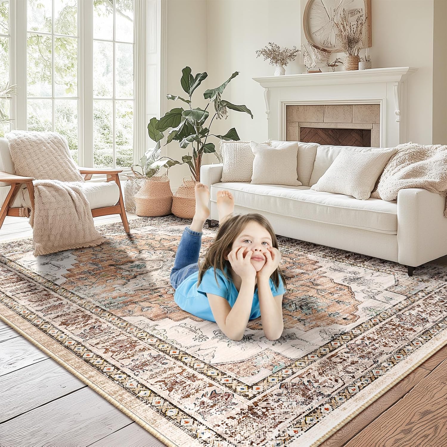 3x5 Washable Entryway Rug Boho Floral Non-Slip Vintage Mat