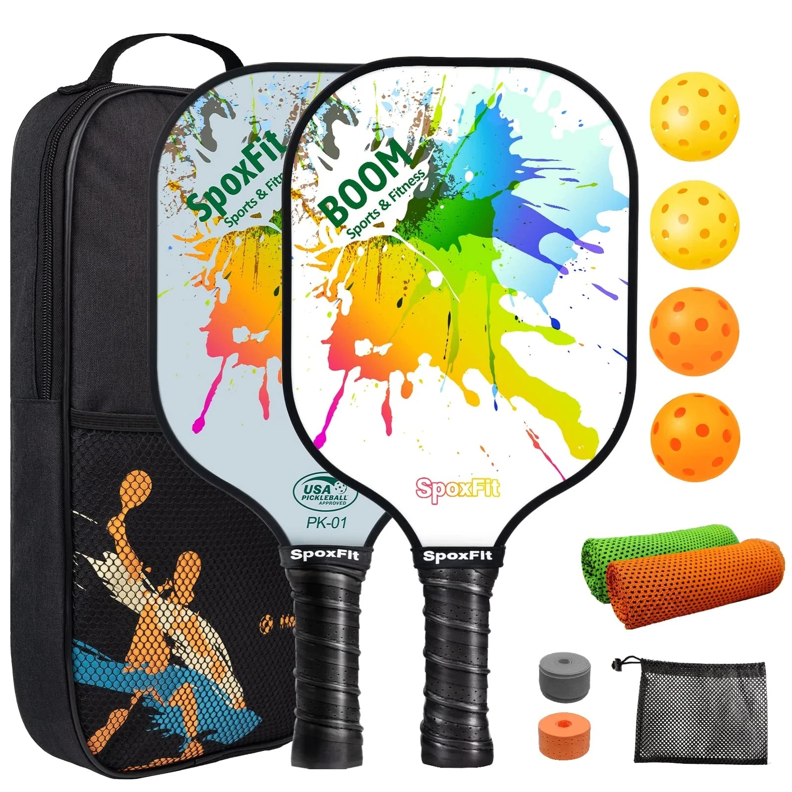 Pickleball Paddle Set of 2 – USAPA Approved, Lightweight Fiberglass Rackets with Cushion Grip, 4 Pickleballs, Carry Bag & Grip