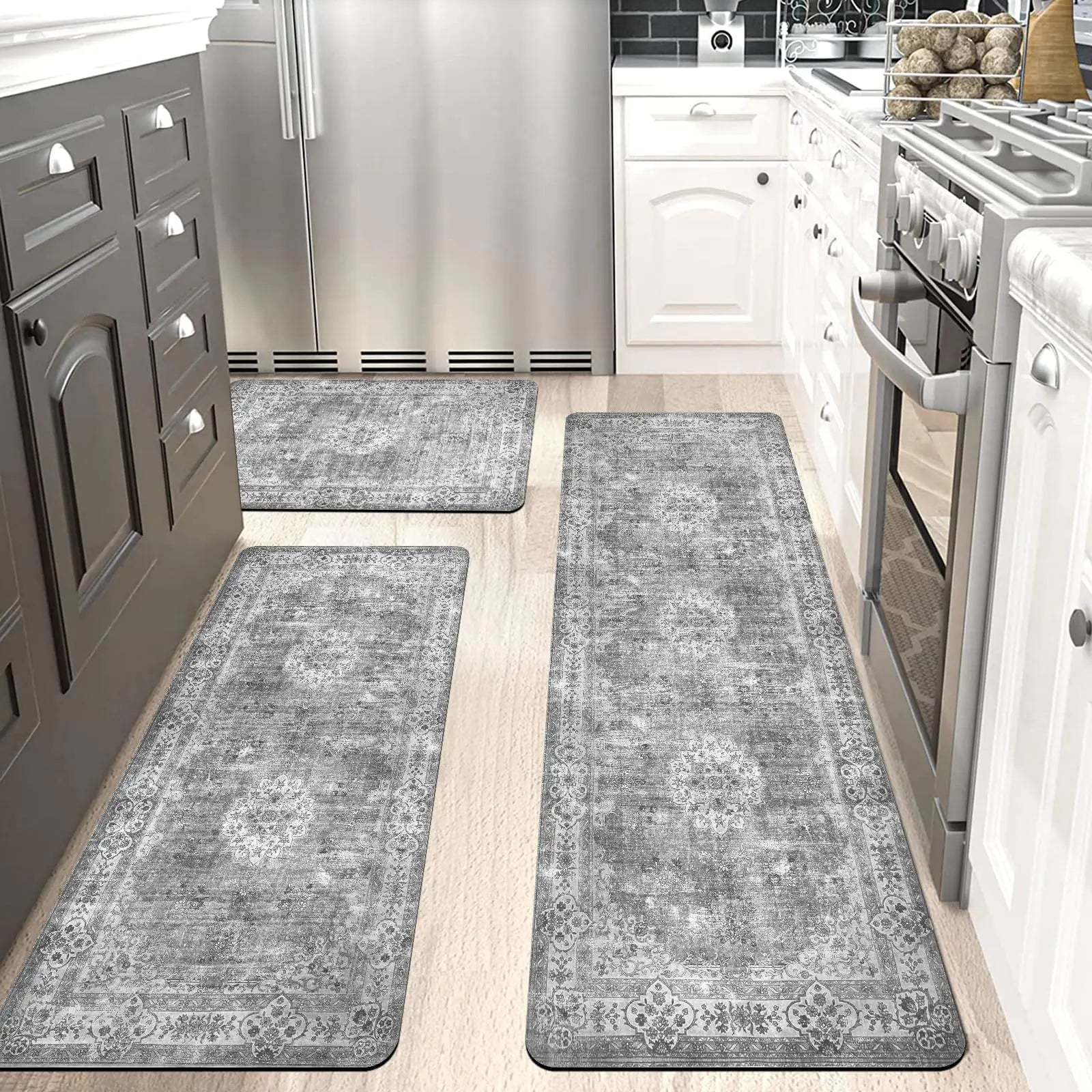 3-Piece Washable Kitchen Rug Set – Non-Slip Absorbent Floor Mats for Kitchen, Entryway & Laundry Room | Flocking Fabric, Low-Profile, Rubber Backing (20x32 + 20x48 + 20x59)