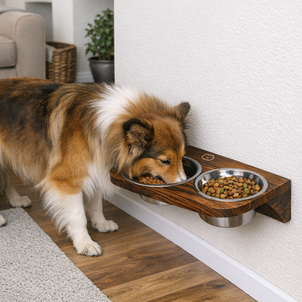 Wall-Mounted Adjustable Dog Feeder with Pine Stand