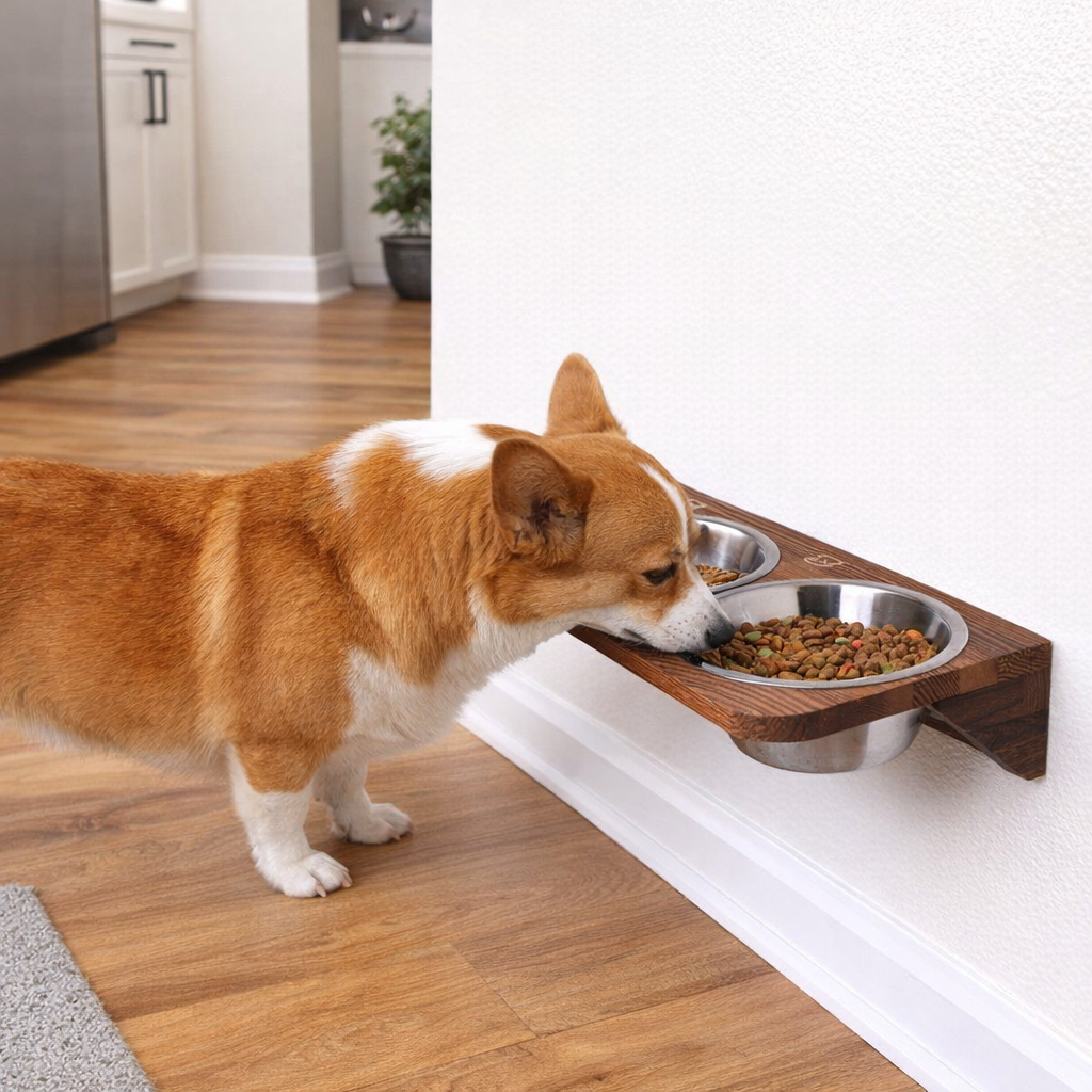 Wall-Mounted Adjustable Dog Feeder with Pine Stand