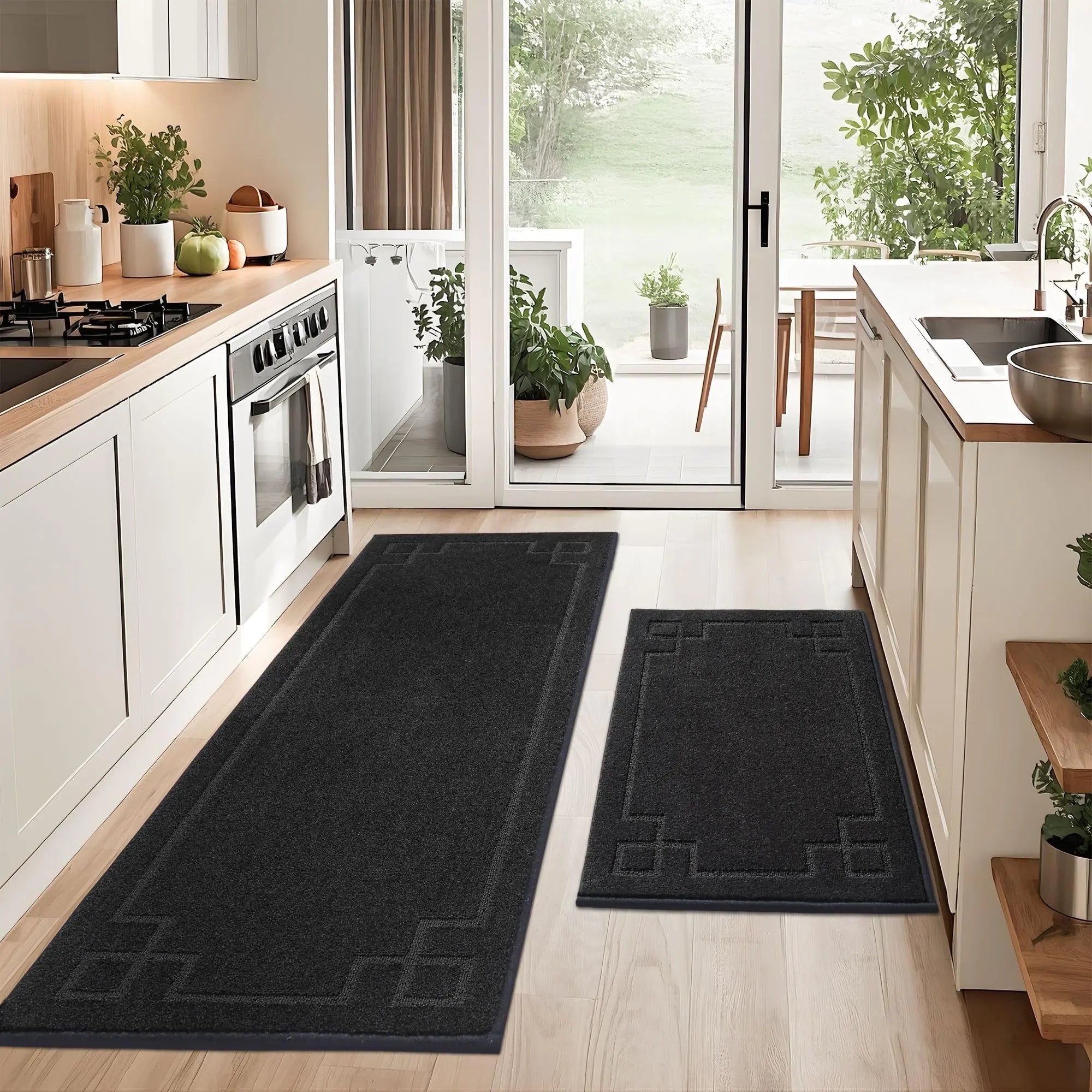 Non-Slip Washable Kitchen Rug Set of 2 – Absorbent Anti-Fatigue Mats for Sink, Laundry, Hallway | Machine Washable 24x36 + 24x60 Black Kitchen Runner Rugs