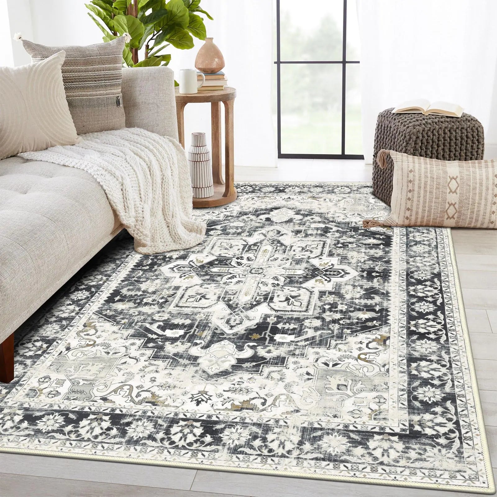 5x7 Washable Area Rug Vintage Non-Slip Low Pile Beige