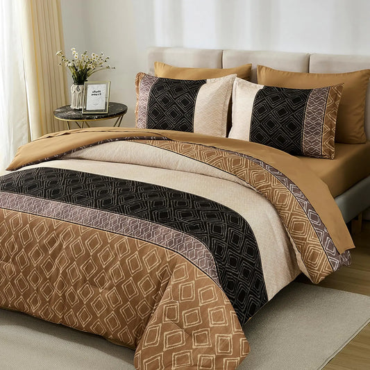 Dinjoy Brown King Size Comforter Set Striped Bed in a Bag King 7 Pieces Soft Microfiber Bedding Comforters Sets Boho Fall Bed Complete Set for All Season