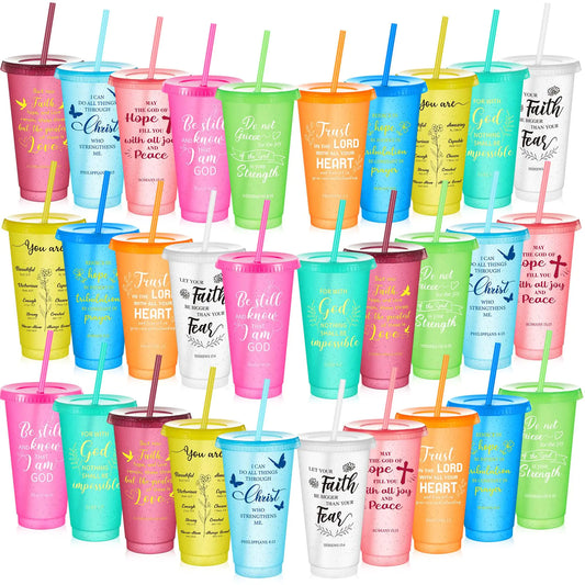 Uiifan 30 Pcs Christian Tumbler Bible Verse Plastic Tumblers with Lids and Straw 24oz Inspirational Religious Tumblers Gifts Christian Gifts for Women Birthday Christmas (Bright Color)