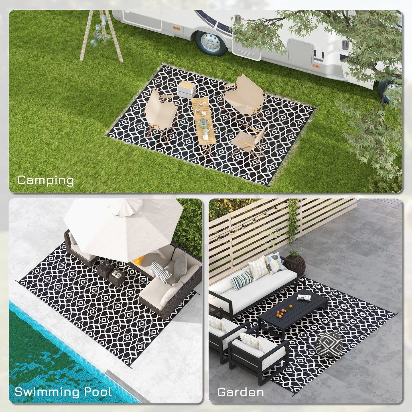 Outsunny 9' x 12' Reversible Outdoor Rug – Waterproof Plastic Straw Mat with Carry Bag, Black & White Clover