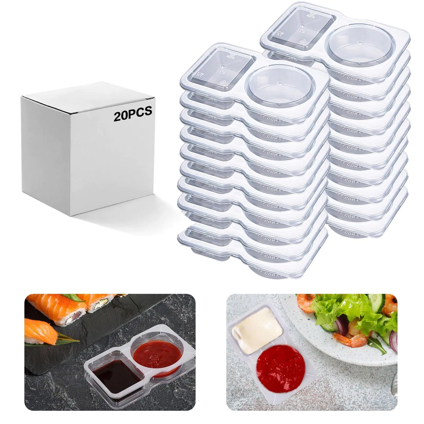 Obfuscate Condiment Container with Lids，Disposable Double Compartment Snack Container for Sauce Sampling Travel Snack 20PCS