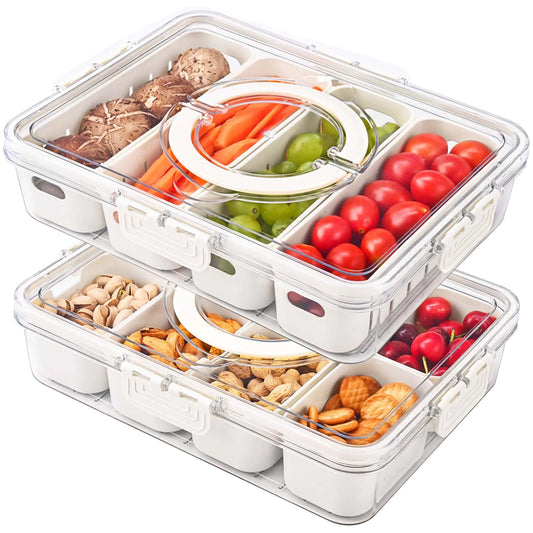 Wegitcs Divided Serving Tray with Lid & Handle Portable Snackle Box Charcuterie Container Snack Platters for CandyNutsFruitVeggie Clear Organizer for PartyPicnicTravel(4+8 Compartments 2 Pcs)