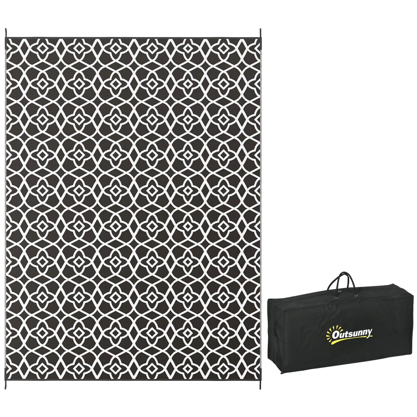 Outsunny 9' x 12' Reversible Outdoor Rug – Waterproof Plastic Straw Mat with Carry Bag, Black & White Clover