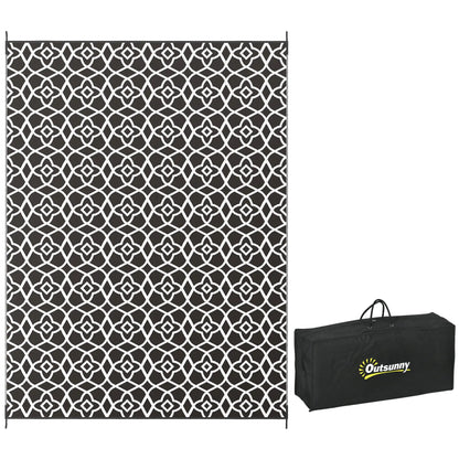 Outsunny 9' x 12' Reversible Outdoor Rug – Waterproof Plastic Straw Mat with Carry Bag, Black & White Clover