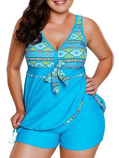 plus Size Women Summer 2 Pieces Swimsuit Set Printing Bench Tankinis