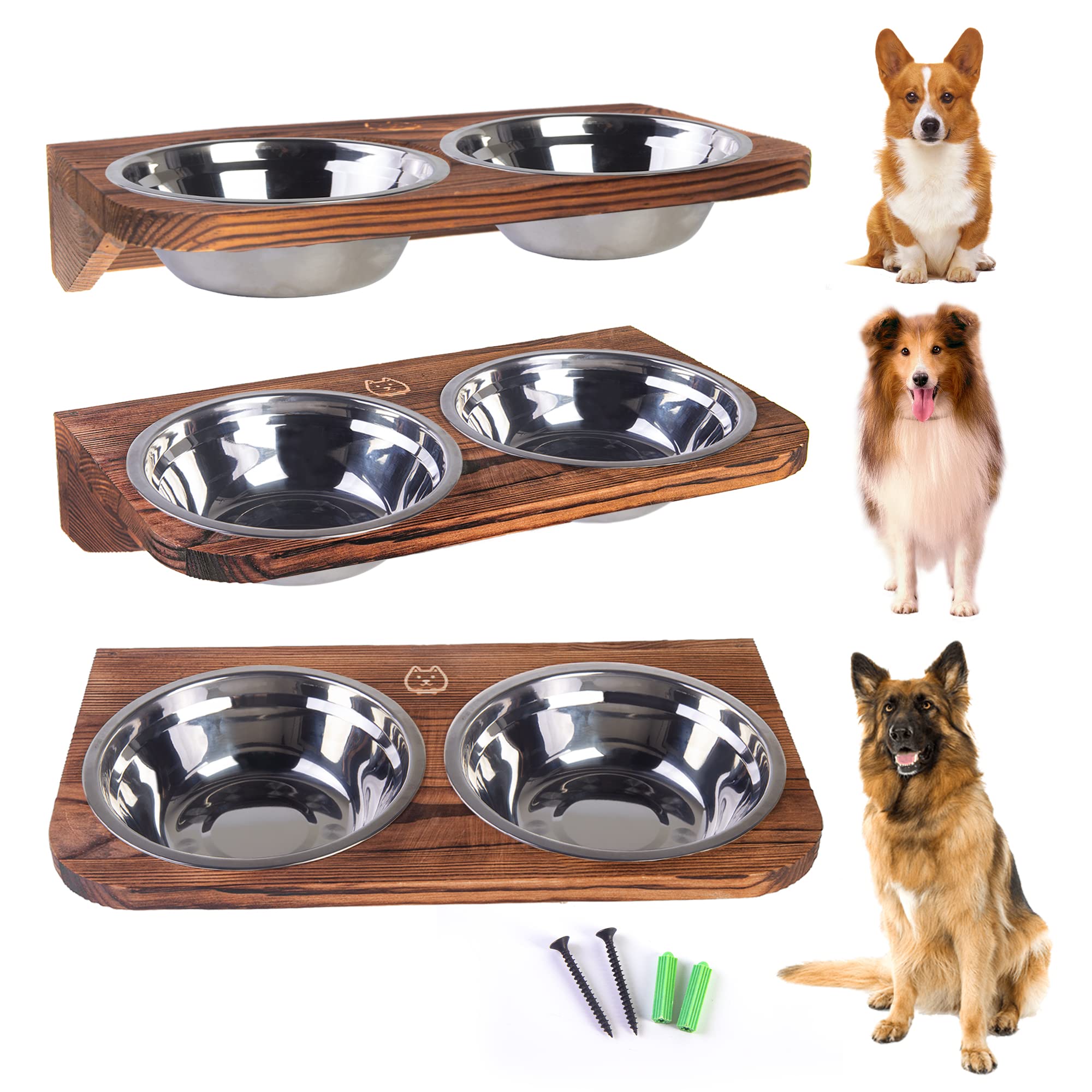 Wall-Mounted Adjustable Dog Feeder with Pine Stand