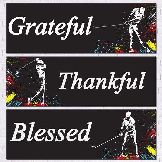 Golf Player Wood Sign 3 Pieces Graffiti Golfer Wall Decor Thankful GratefulBlessed Hanging Wooden Signs Playing Golf Wall Plaque for Home Kitchen Golfing Themed Artwork Sport Men/Athlete Art(Black)
