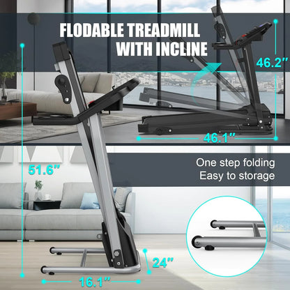 Foldable Treadmill with Incline and Bluetooth, 2.5HP Electric Folding Treadmill Running Walking Machine for Home Gym, Max 265 LBS Weight Capacity