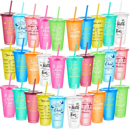 Uiifan 30 Pcs Christian Tumbler Bible Verse Plastic Tumblers with Lids and Straw 24oz Inspirational Religious Tumblers Gifts Christian Gifts for Women Birthday Christmas (Bright Color)