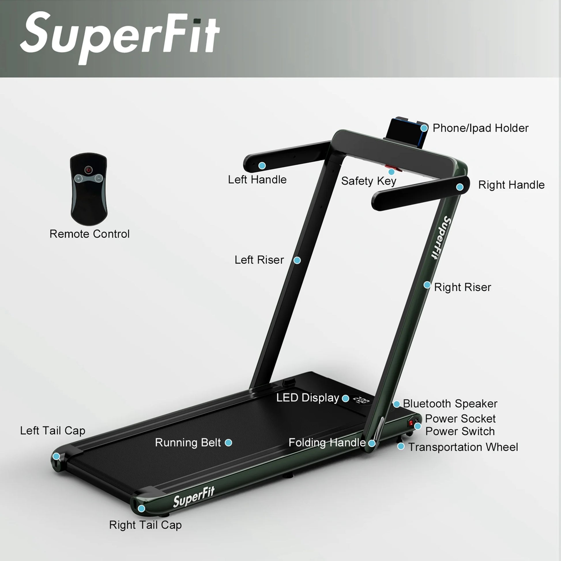 Superfit up to 7.5MPH 2.25HP 2 in 1 Single Display Screen Treadmill W/ Speaker Remote Control APP Green