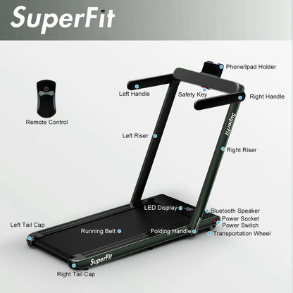 Superfit up to 7.5MPH 2.25HP 2 in 1 Single Display Screen Treadmill W/ Speaker Remote Control APP Green