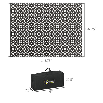 Outsunny 9' x 12' Reversible Outdoor Rug – Waterproof Plastic Straw Mat with Carry Bag, Black & White Clover