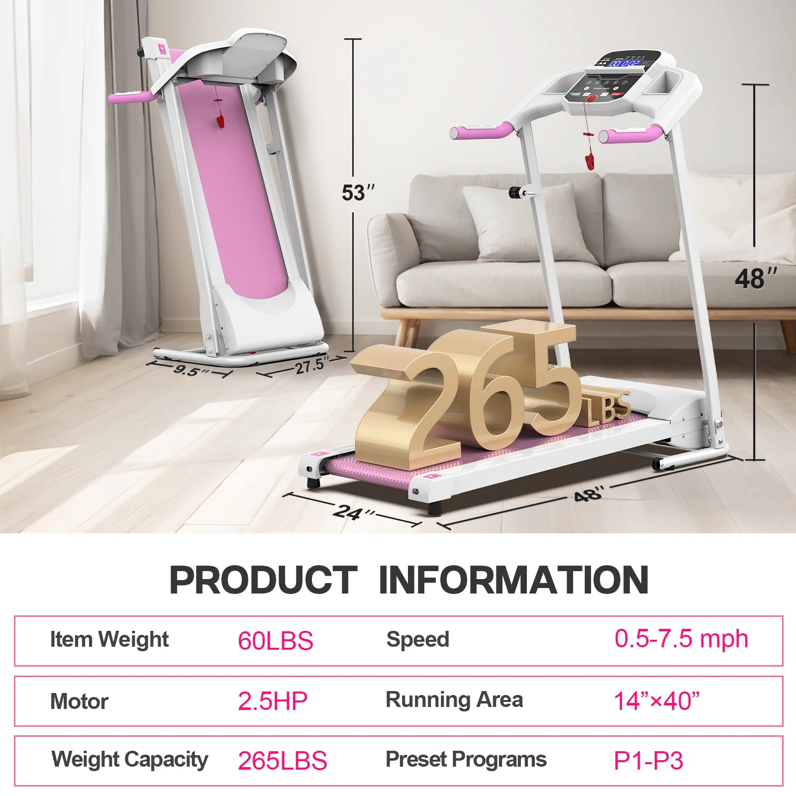 Foldable Treadmills for Home, 2.5HP Quiet Brushless, Electric Running Machine for Home Office, Walking Running Treadmills Exercise Treadmill with Heart Rate Sensor and LCD Display ﻿ (Pink)