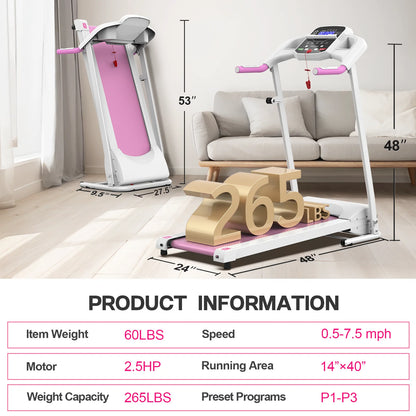 Foldable Treadmills for Home, 2.5HP Quiet Brushless, Electric Running Machine for Home Office, Walking Running Treadmills Exercise Treadmill with Heart Rate Sensor and LCD Display ﻿ (Pink)