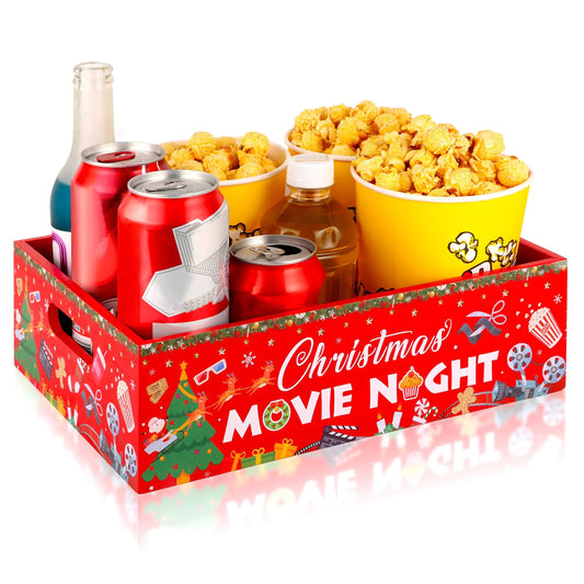 PYQTH Christmas Movie Night Tray Wooden Snack Tray Snack Organizer with Handles Snack Holder Popcorn Box Xmas Movie Night Party Supplies Decoration Chips Candy Organizer