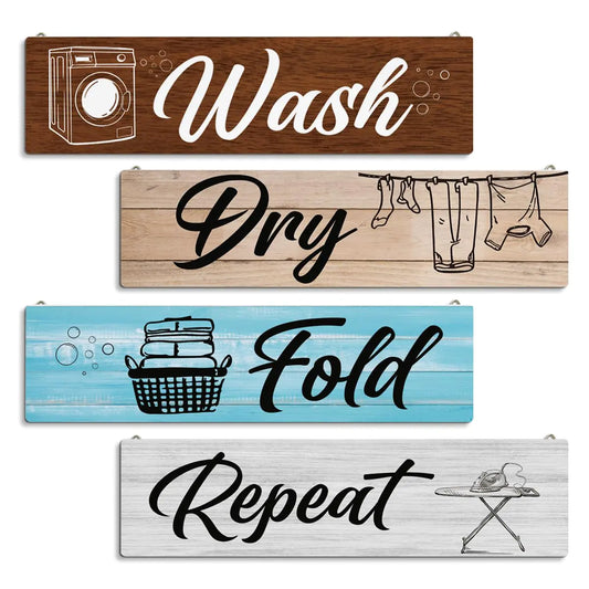 4 Pcs Laundry Room Decors - Wash Dry Fold Repeat Four Pieces Hanging Wall Plaques Farmhouse Laudry Signs Hanging Decor for Bathroom Laundry Room Wall Decor Home Decor for Bahtroom Laundry Room