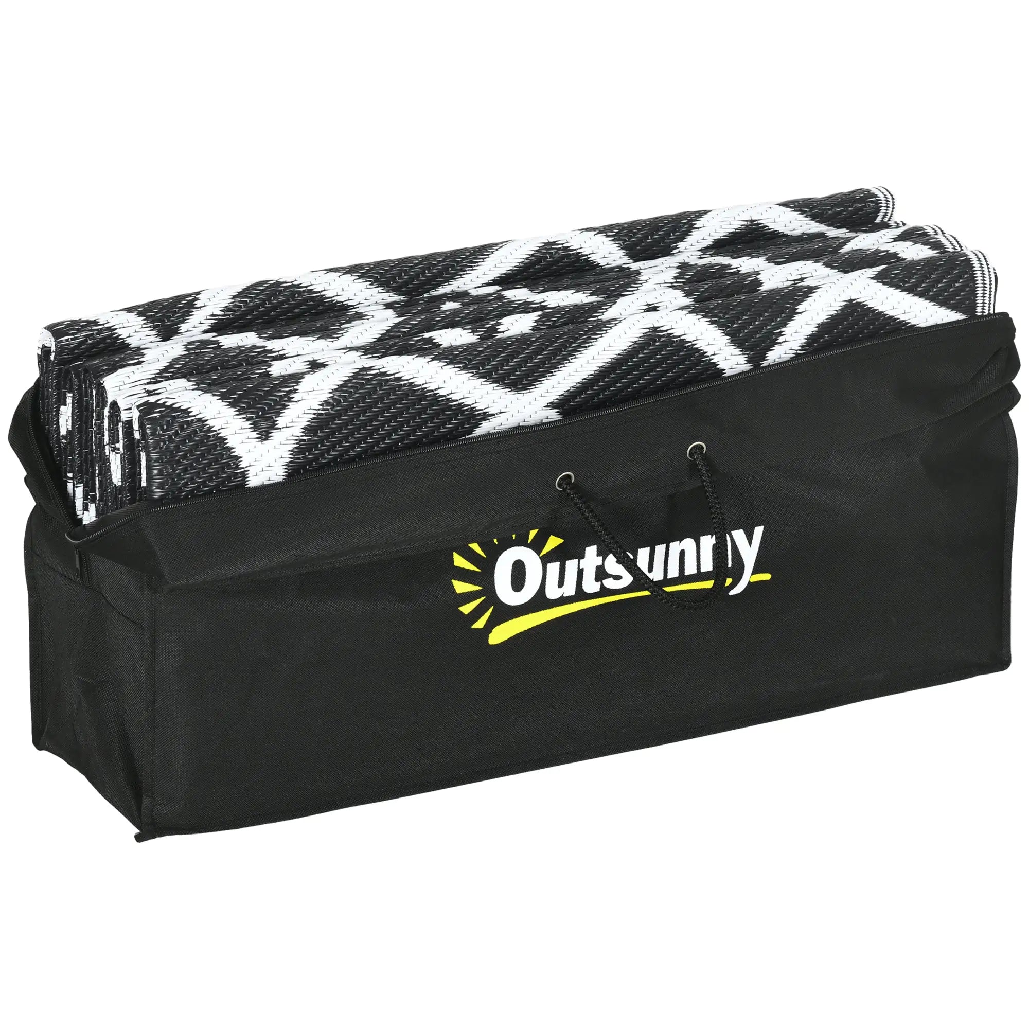 Outsunny 9' x 12' Reversible Outdoor Rug – Waterproof Plastic Straw Mat with Carry Bag, Black & White Clover