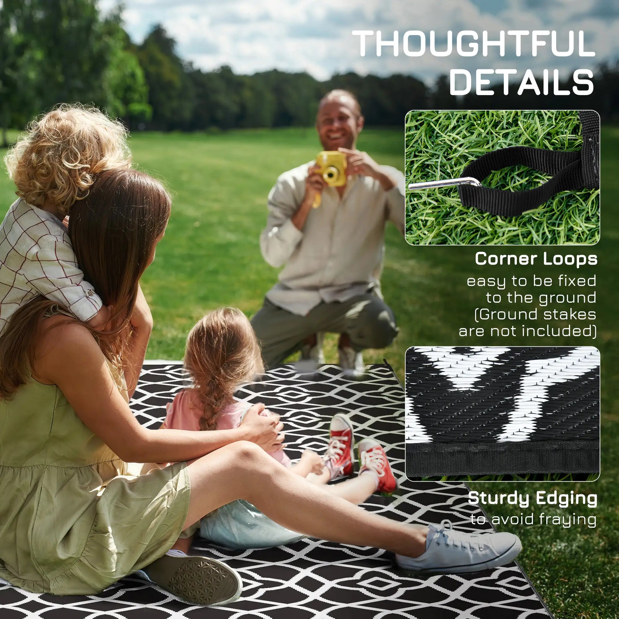 Outsunny 9' x 12' Reversible Outdoor Rug – Waterproof Plastic Straw Mat with Carry Bag, Black & White Clover