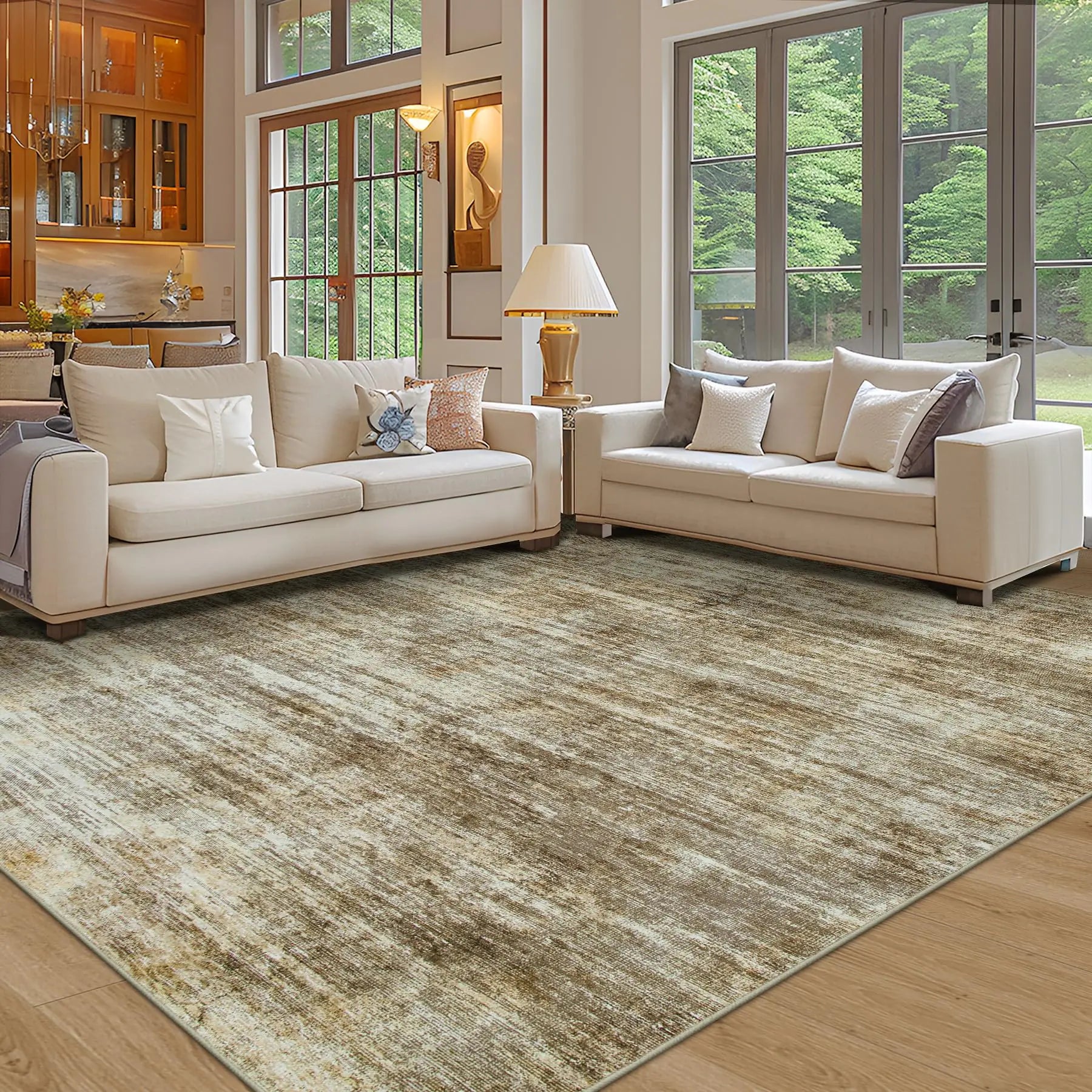 5x7 Washable Area Rug Abstract Non-Slip Thin Carpet Brown