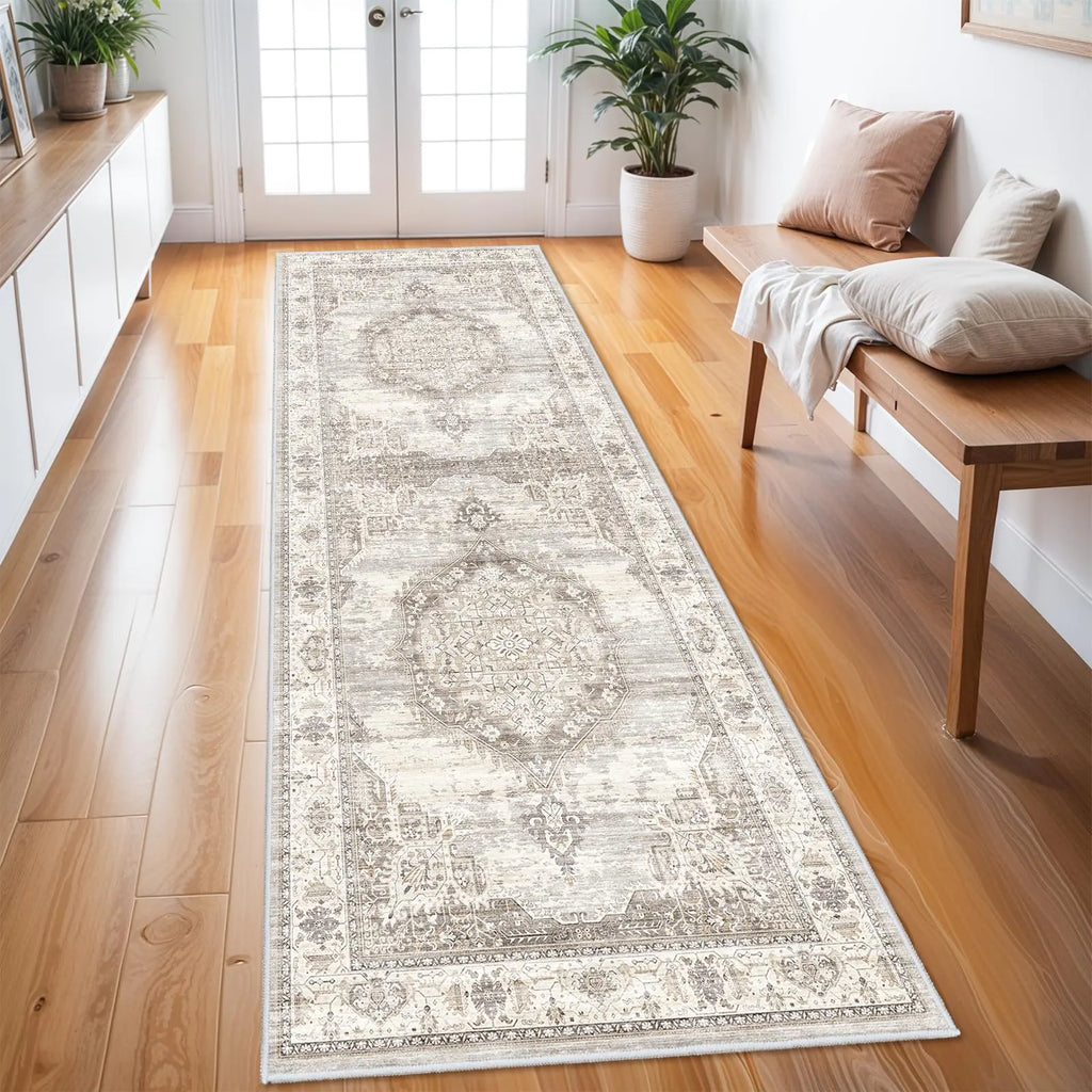 Washable Hallway Runner Rugs 3x8: Soft Ultra Thin Low Pile Carpet Machine Washable Indoor Lightweight Rug Runner Anti Slip Backing Rugs for Living Room Bedroom Kitchen 3x8 Beige