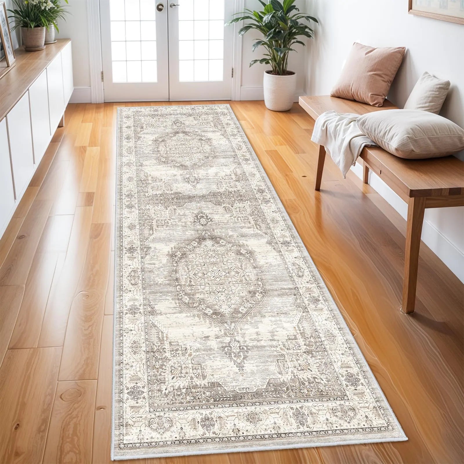Washable Hallway Runner Rugs 3x8: Soft Ultra Thin Low Pile Carpet Machine Washable Indoor Lightweight Rug Runner Anti Slip Backing Rugs for Living Room Bedroom Kitchen 3x8 Beige