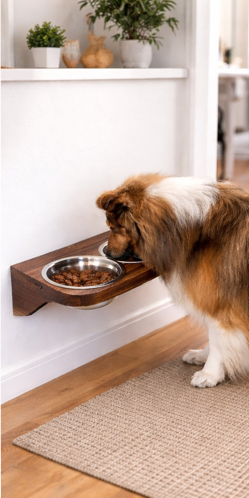 Wall-Mounted Adjustable Dog Feeder with Pine Stand